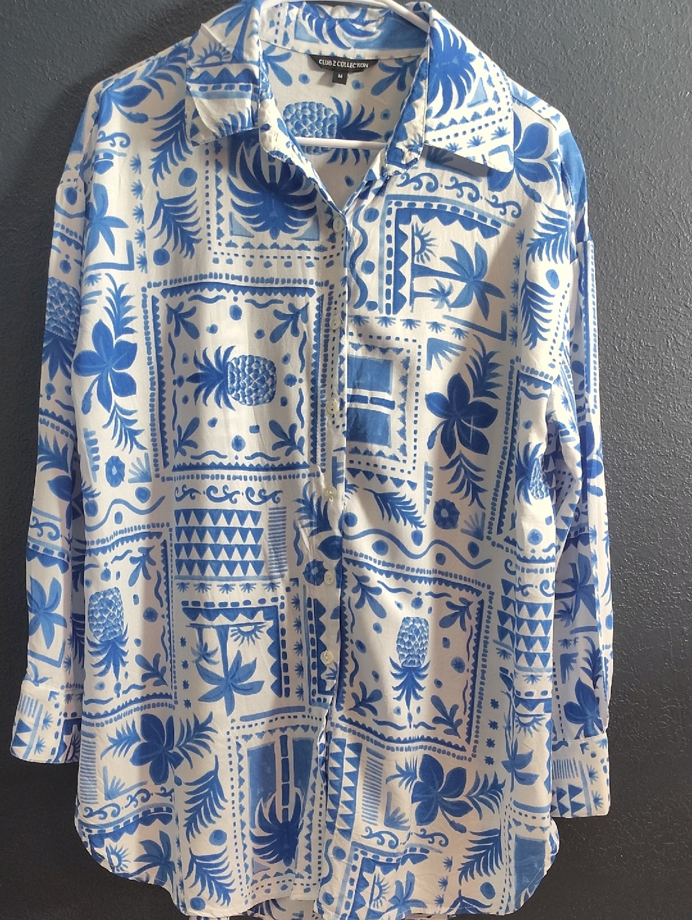 Club Z Collection Pineapple Blue & White tropical  Button Down Shirt